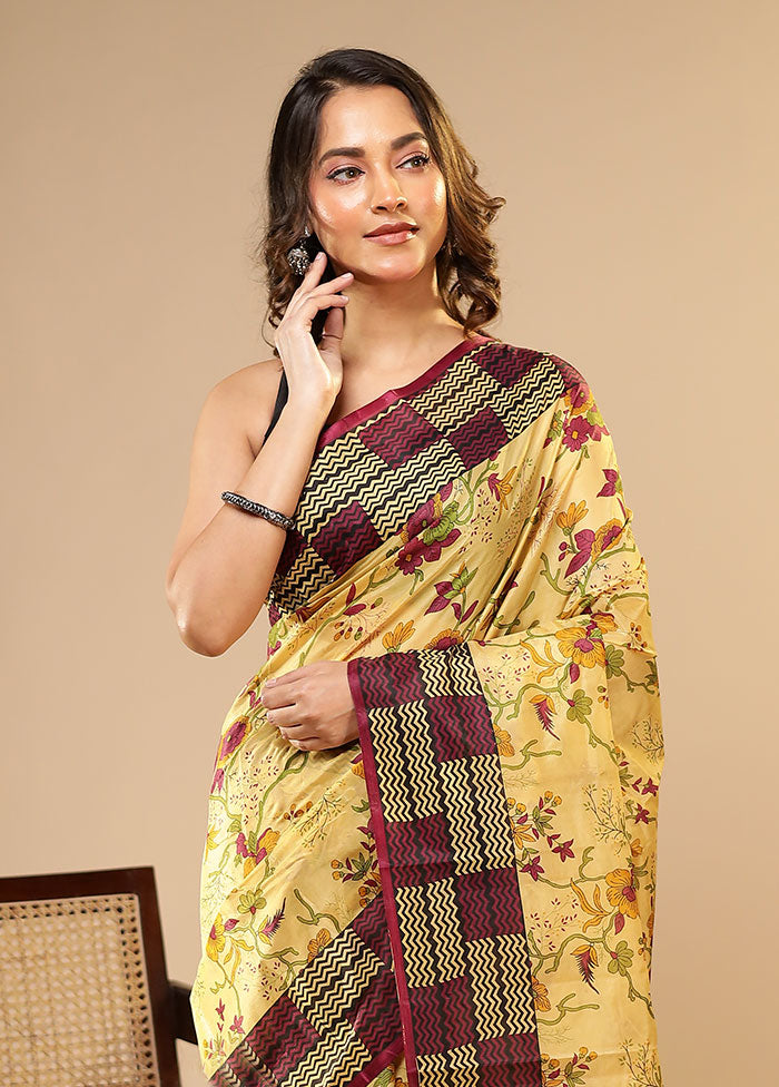 Cream Printed Pure Silk Saree Without Blouse Piece