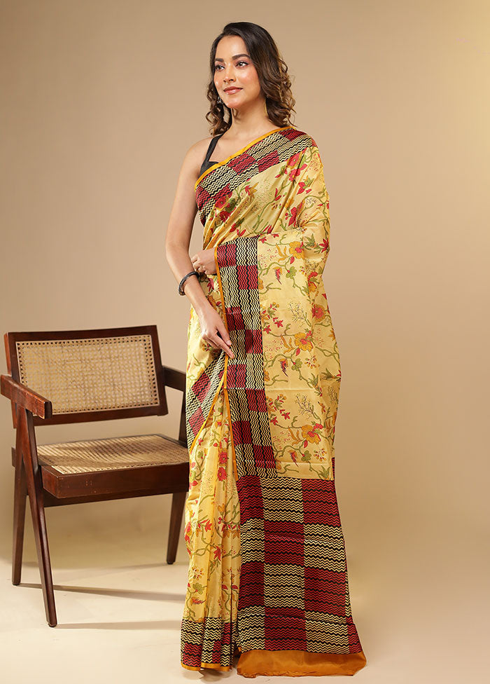 Cream Printed Pure Silk Saree Without Blouse Piece
