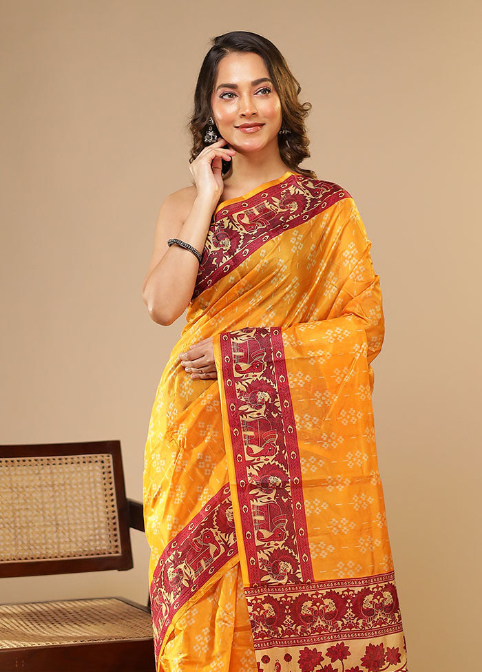 Yellow Printed Pure Silk Saree Without Blouse Piece