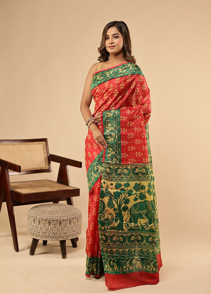 Red Printed Pure Silk Saree With Blouse Piece