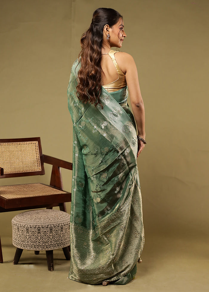 Green Handloom Pure Georgette Saree With Blouse Piece