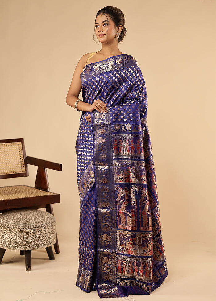 Blue Handloom Baluchari Pure Silk Saree With Blouse Piece