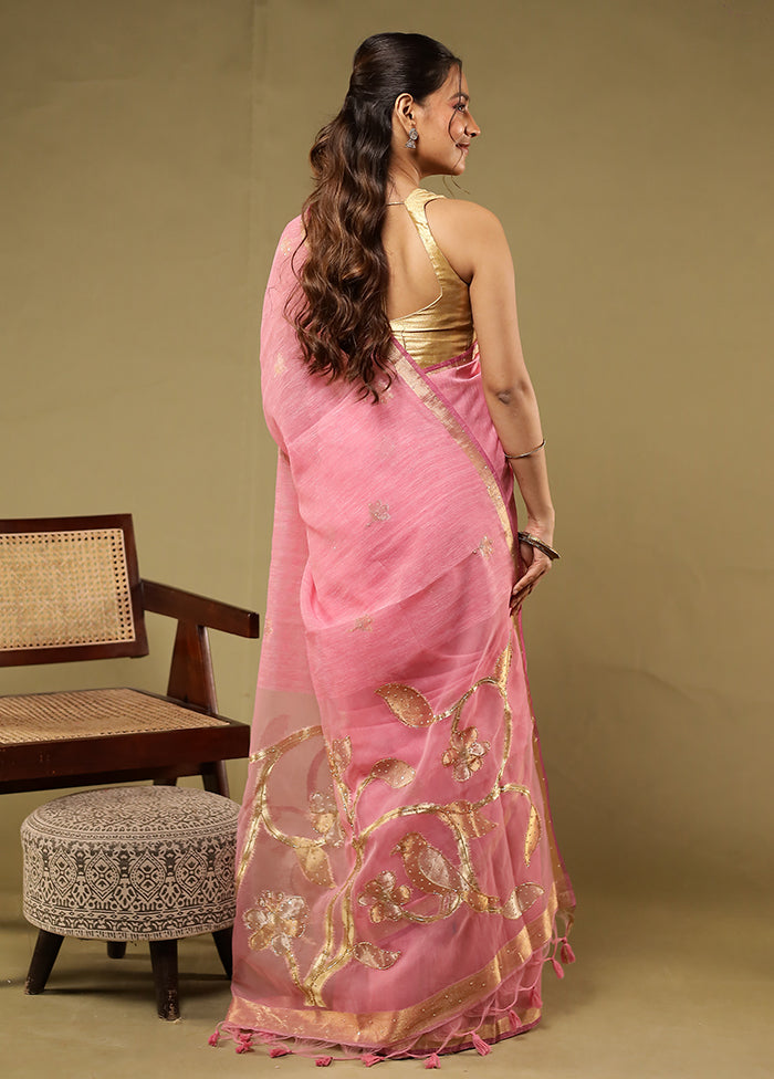 Pink Linen Silk Saree With Blouse Piece