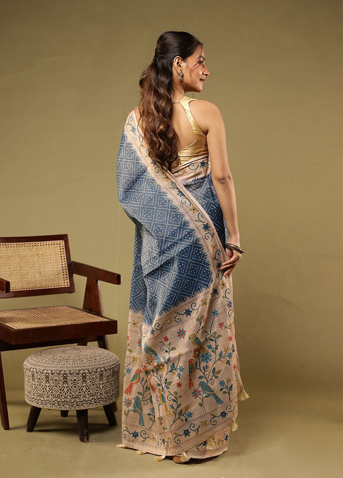 Blue Linen Silk Saree With Blouse Piece
