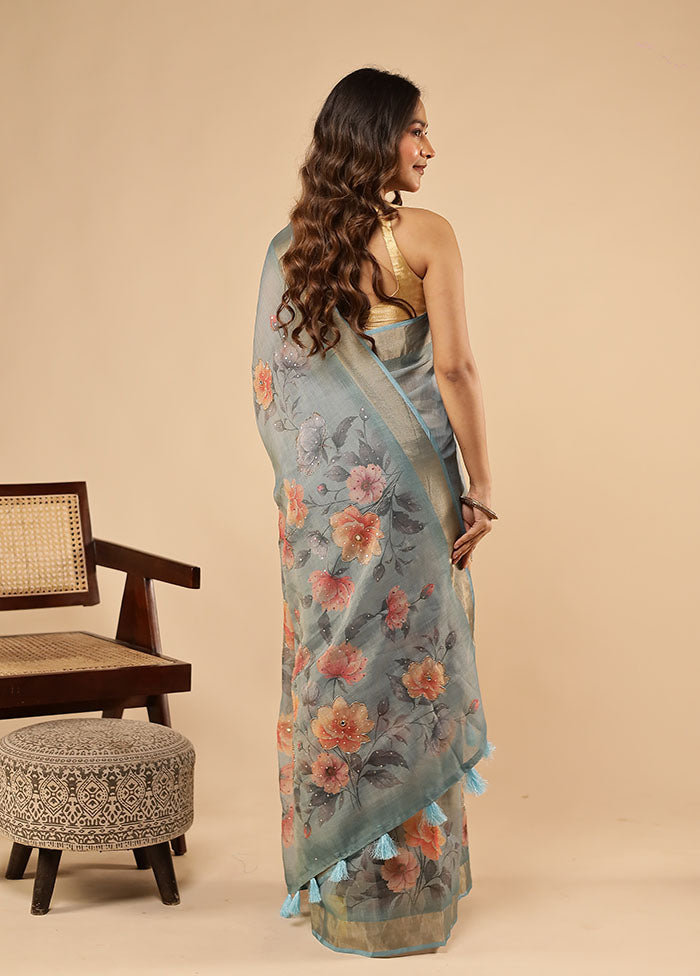Blue Linen Silk Saree With Blouse Piece