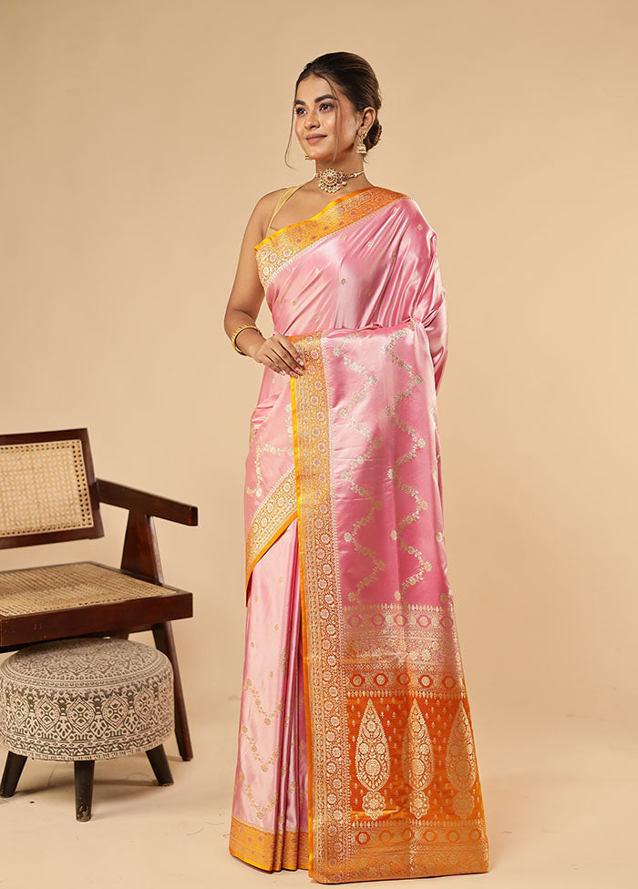 Pink Banarasi Silk Saree With Blouse Piece