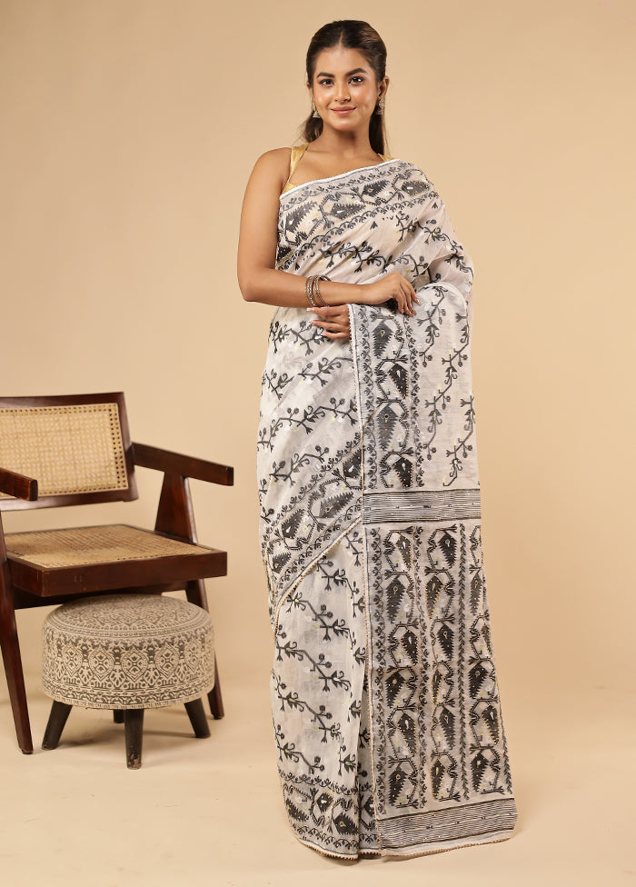 White Khadi Cotton Saree With Blouse Piece