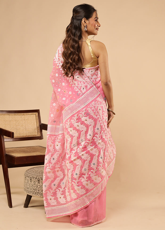 Pink Khadi Cotton Saree With Blouse Piece