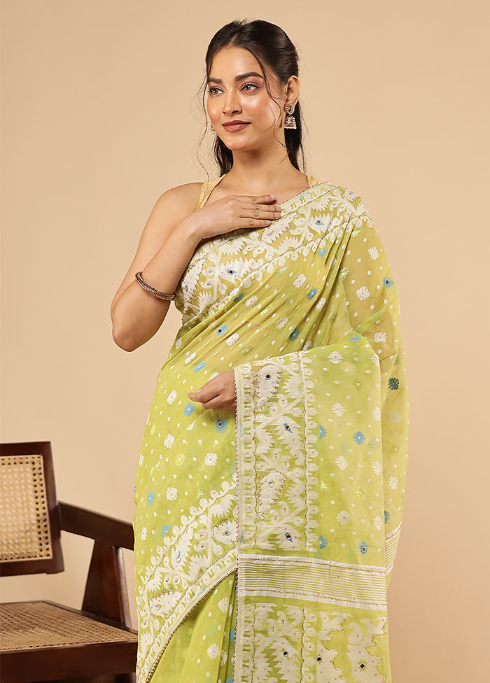 Green Khadi Cotton Saree With Blouse Piece