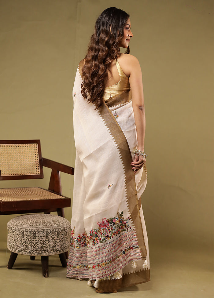 Cream Linen Silk Saree With Blouse Piece