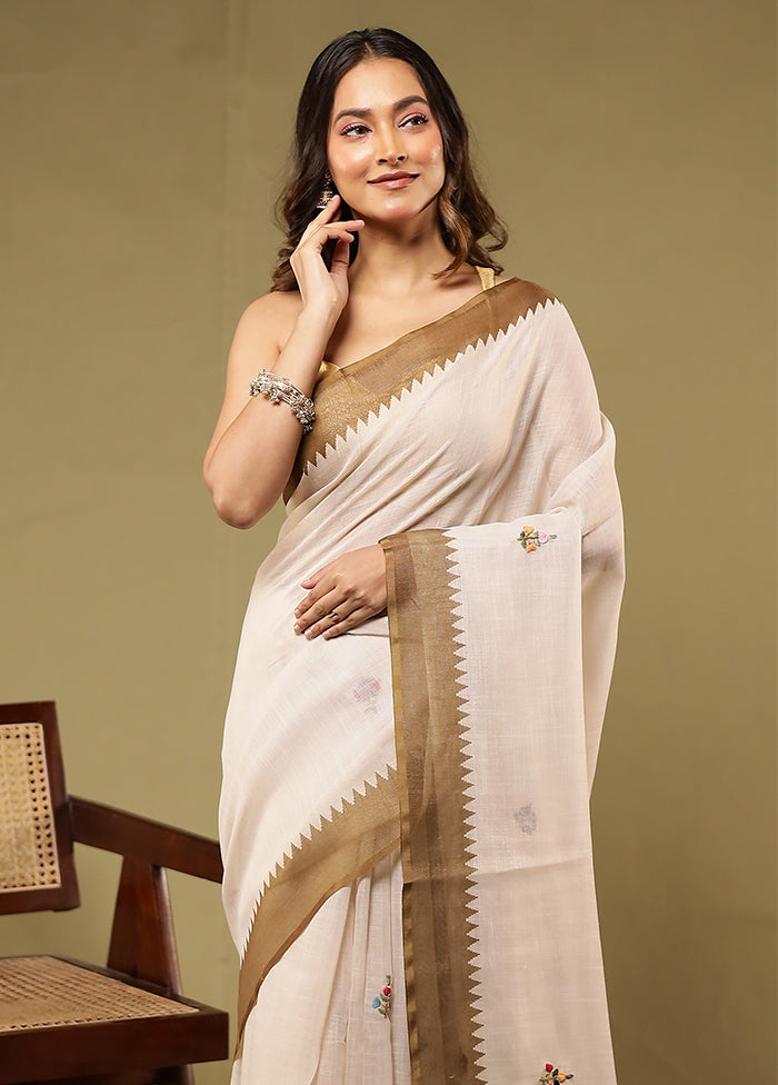 Cream Linen Silk Saree With Blouse Piece