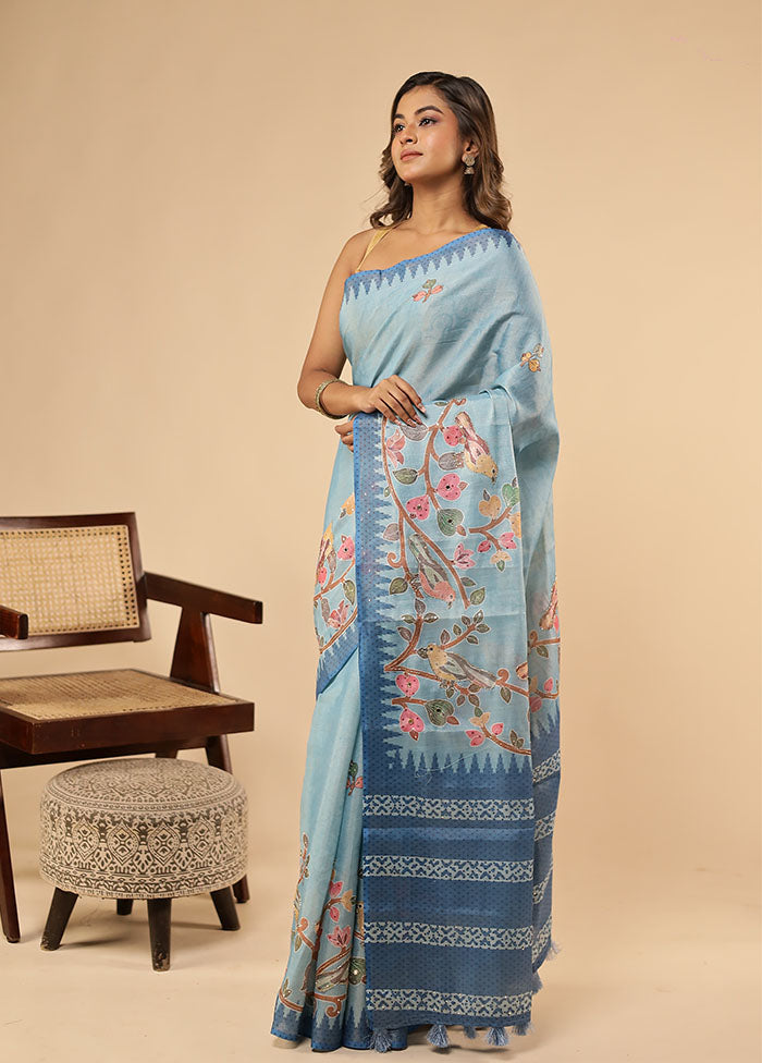 Blue Linen Silk Saree With Blouse Piece