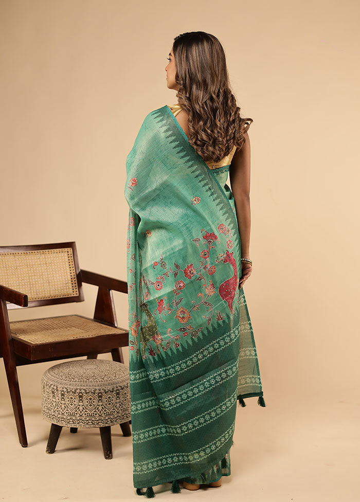 Green Linen Silk Saree With Blouse Piece