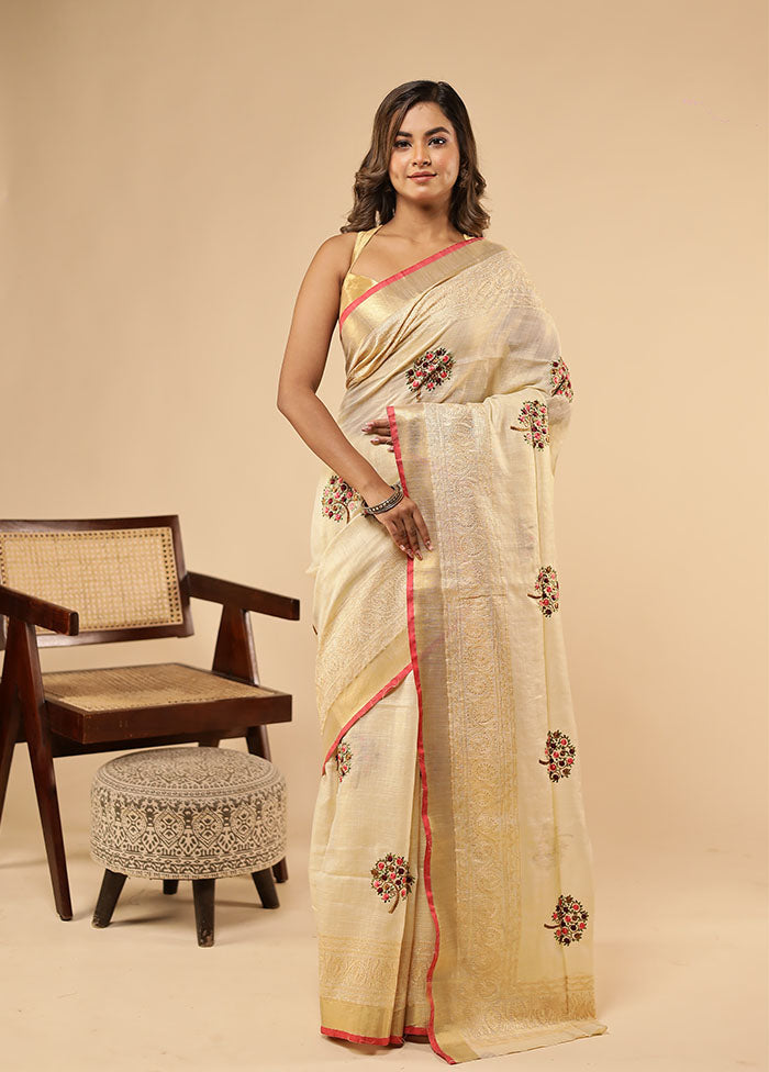 Cream Linen Silk Saree With Blouse Piece