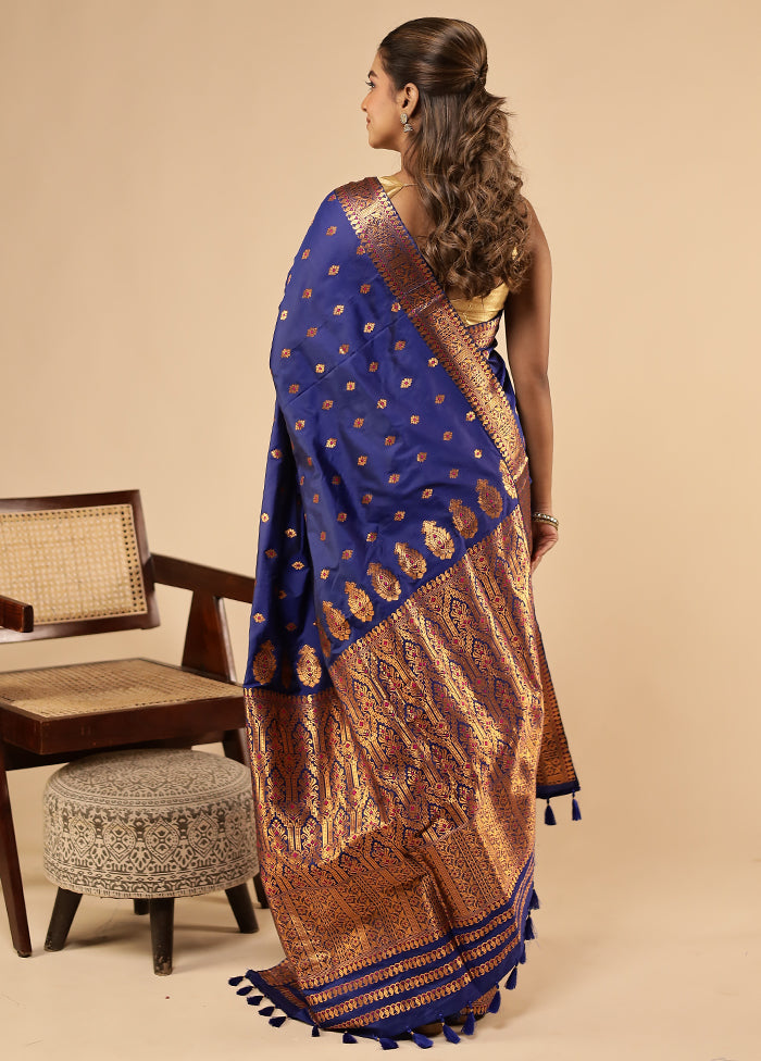 Blue Assam Silk Saree With Blouse Piece