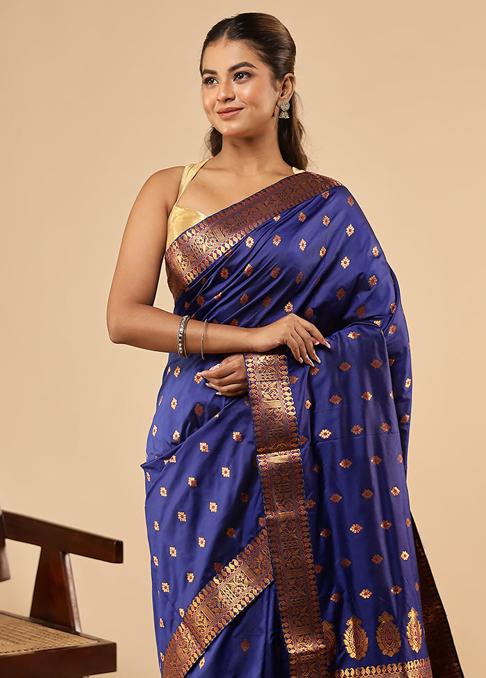 Blue Assam Silk Saree With Blouse Piece