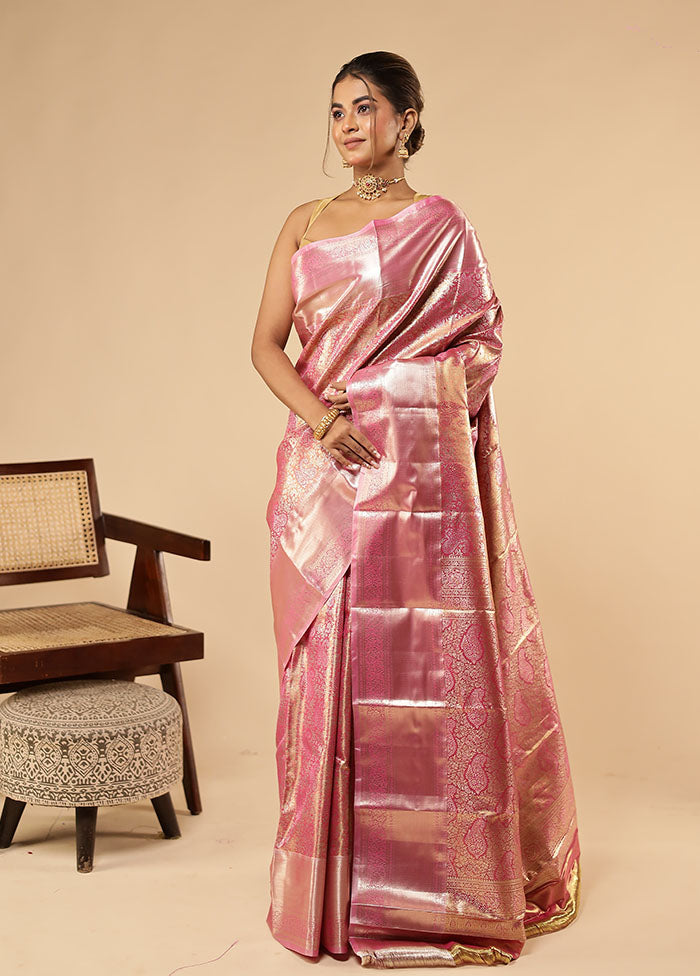 Pink Kanjivaram Silk Saree With Blouse Piece