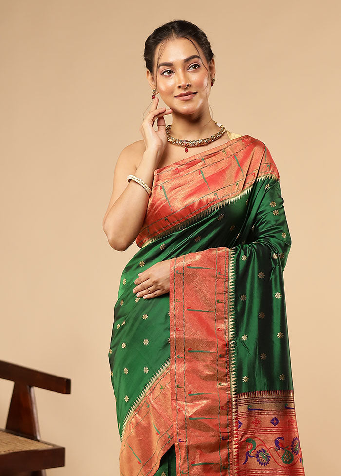 Green Handloom Kanchipuram Pure Silk Saree With Blouse Piece