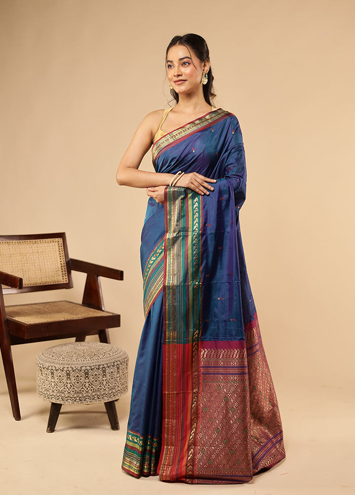 Blue Kanjivaram Silk Saree With Blouse Piece