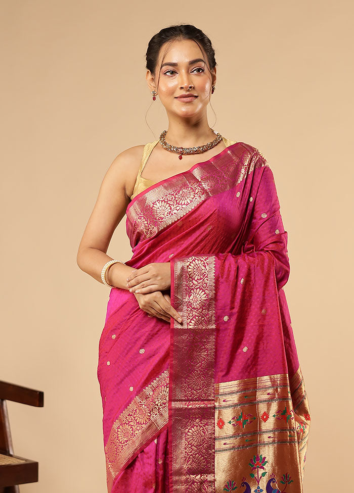 Pink Handloom Kanjivaram Pure Silk Saree With Blouse Piece