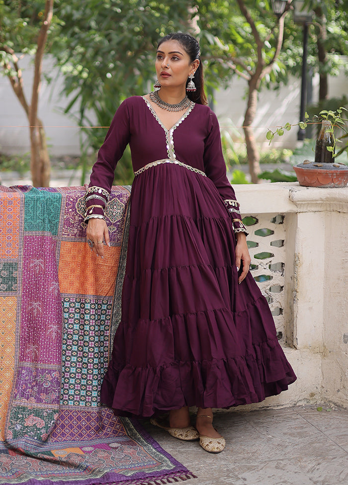 Wine Printed Work Silk Gown With Dupatta Set Wine Printed Work Silk Gown With Dupatta Set
