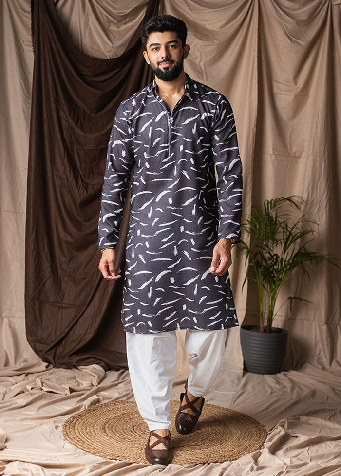 Shubh Labh Jodi – Blue Printed Silk Saree & Black Silk Kurta Set