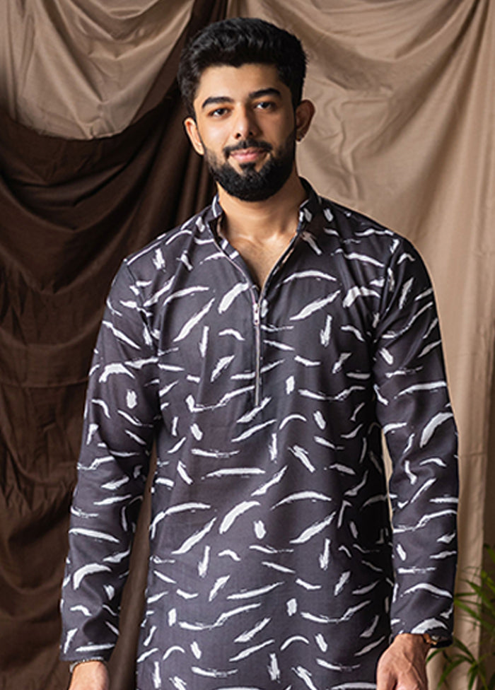 Shubh Labh Jodi – Blue Printed Silk Saree & Black Silk Kurta Set