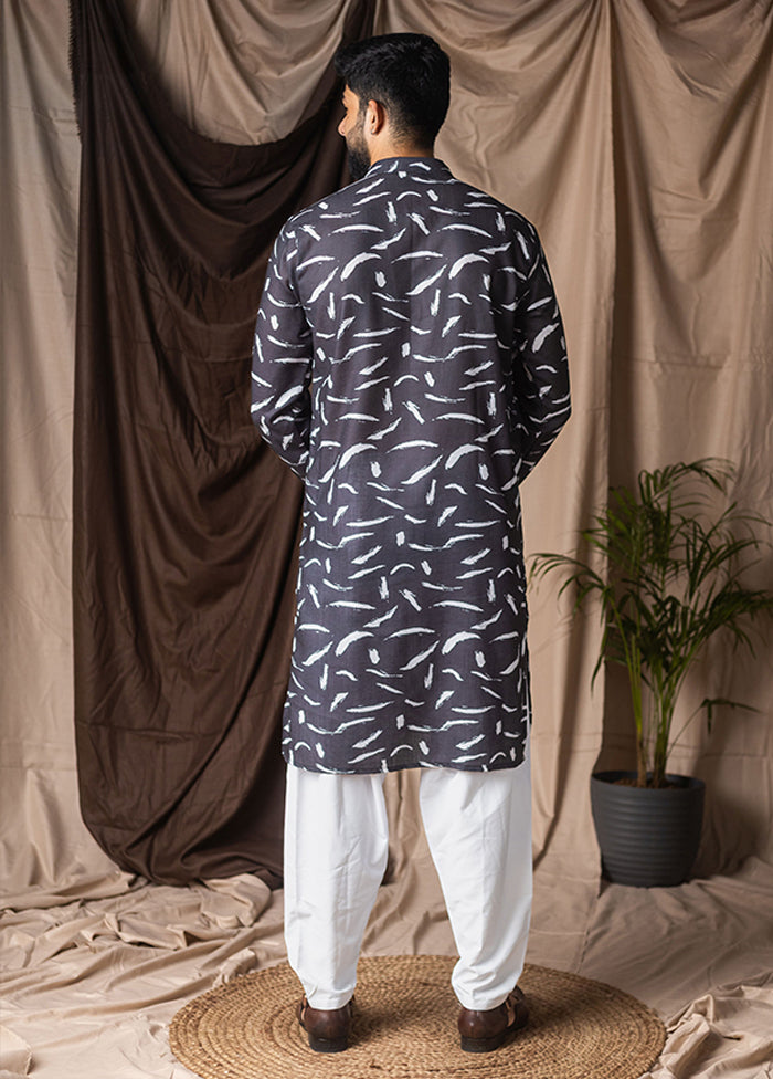 Shubh Labh Jodi – Blue Printed Silk Saree & Black Silk Kurta Set