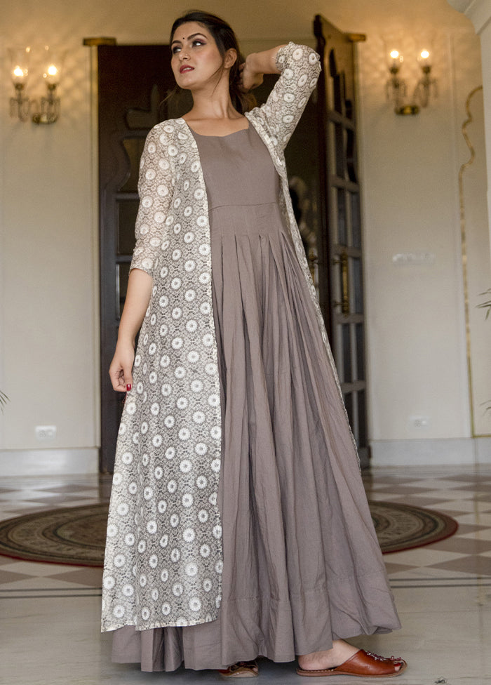 Grey Readymade Silk Gown With Jacket - Indian Silk House Agencies