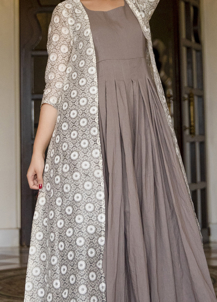 Grey Readymade Silk Gown With Jacket - Indian Silk House Agencies