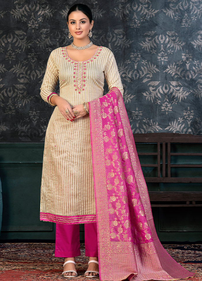 3 Pc Off White Semi Stitched Cotton Suit Set - Indian Silk House Agencies
