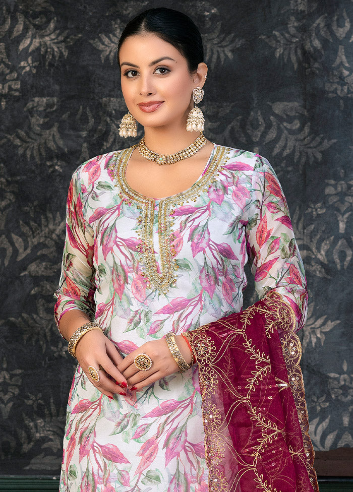 3 Pc White Semi Stitched Organza Suit Set - Indian Silk House Agencies