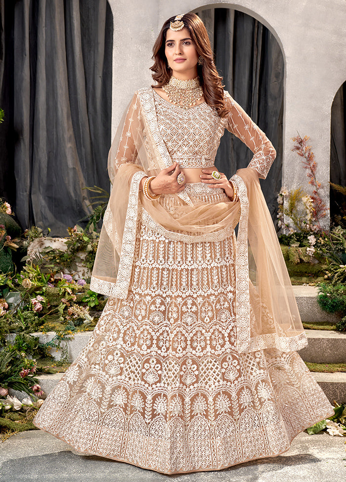3 Pc Beige Net Semi Stitched Lehenga Set