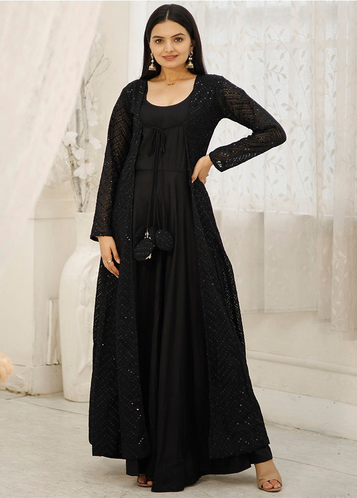 knee length dresses for ladies Black Readymade Rayon Gown With Shrug