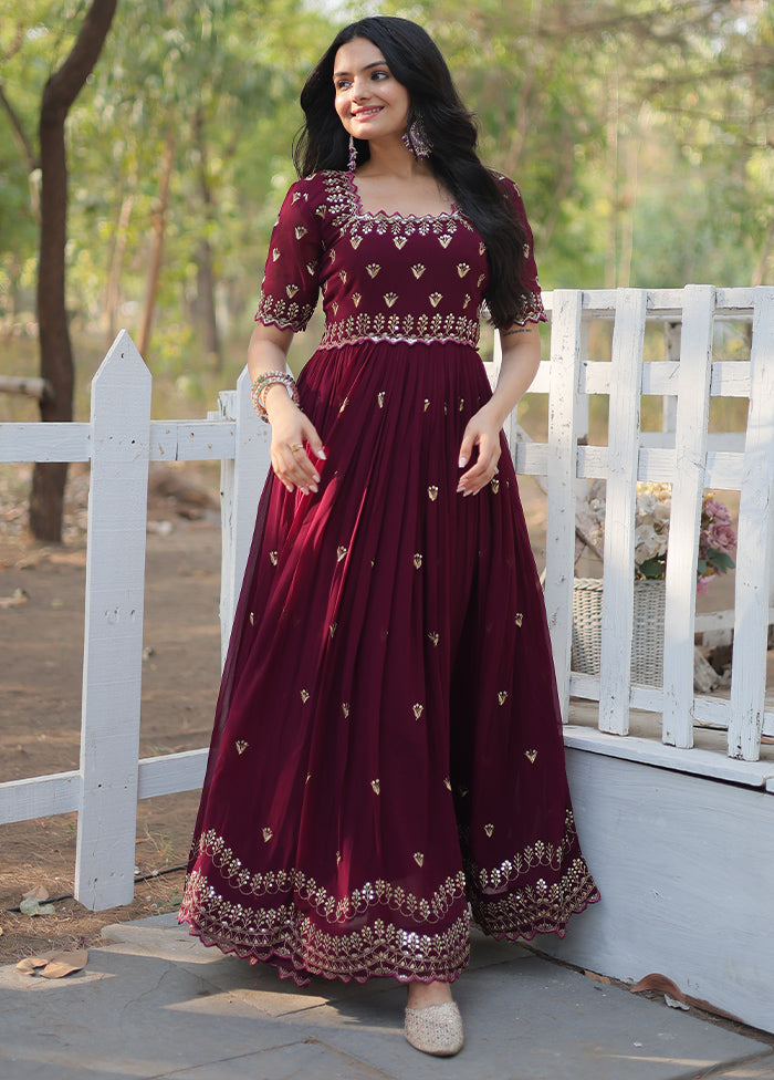 burgundy indian dress Maroon South Indian Gown in Banarasi Jacquard With Elephant Texture Designer