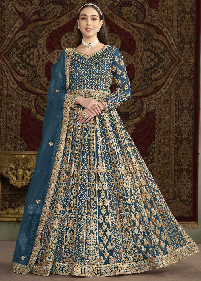 Teal Blue Semi Stitched Net Dupatta Indian Dress Teal Blue Semi Stitched Net Dupatta Indian Dress
