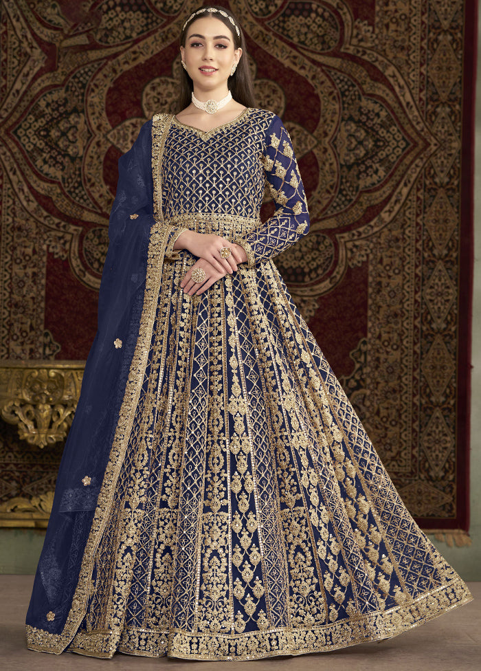 Blue Semi Stitched Net Dupatta Indian Dress Blue Semi Stitched Net Dupatta Indian Dress