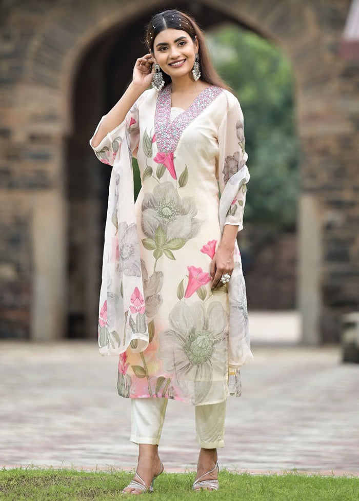 3 Pc Off White Readymade Georgette Dupatta Suit Set