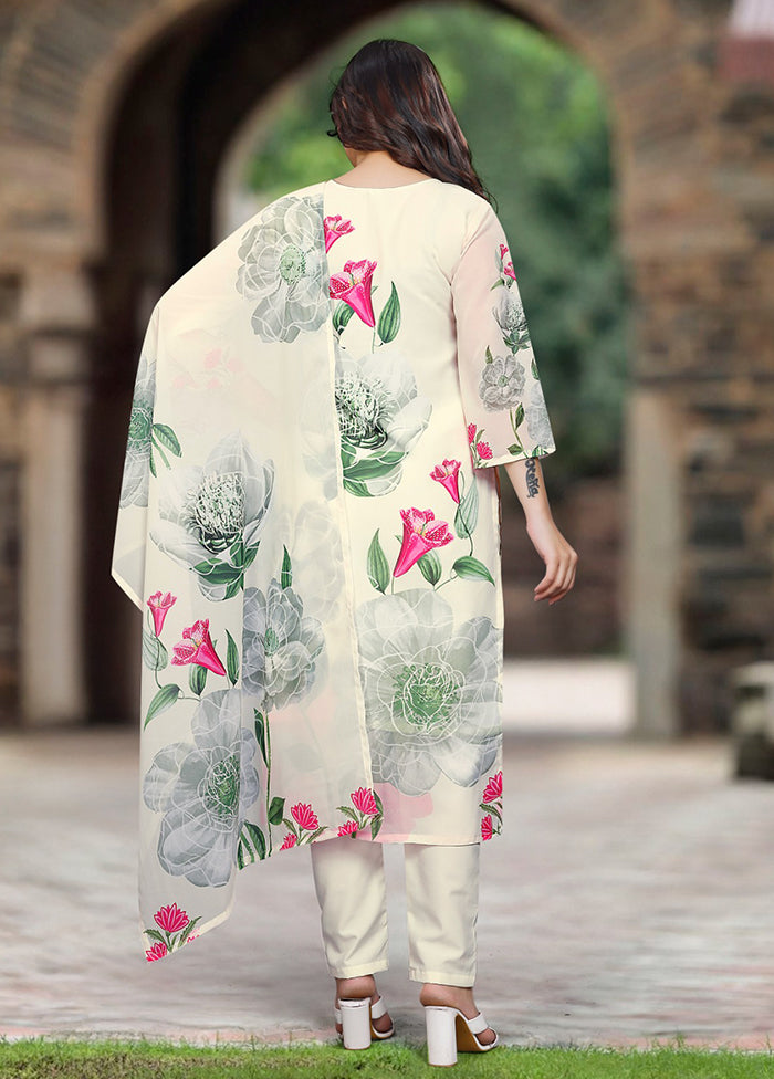 3 Pc Off White Readymade Georgette Dupatta Suit Set