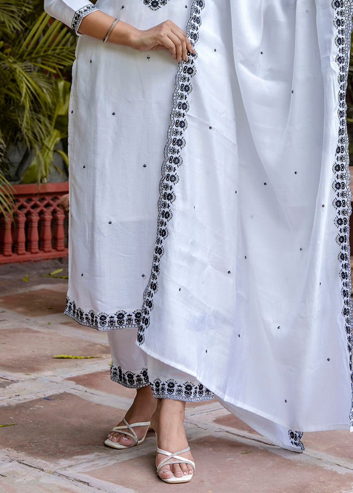 3 Pc White Readymade Viscose Dupatta Suit Set