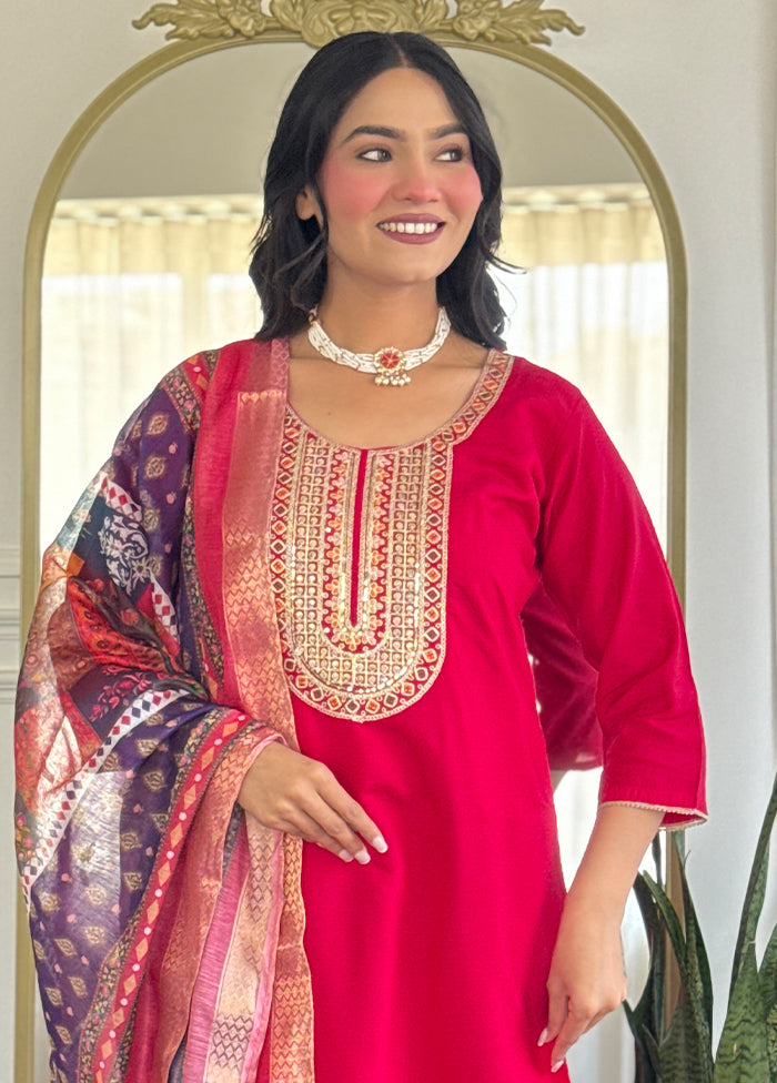 3 Pc Pink Readymade Chanderi Dupatta Suit Set