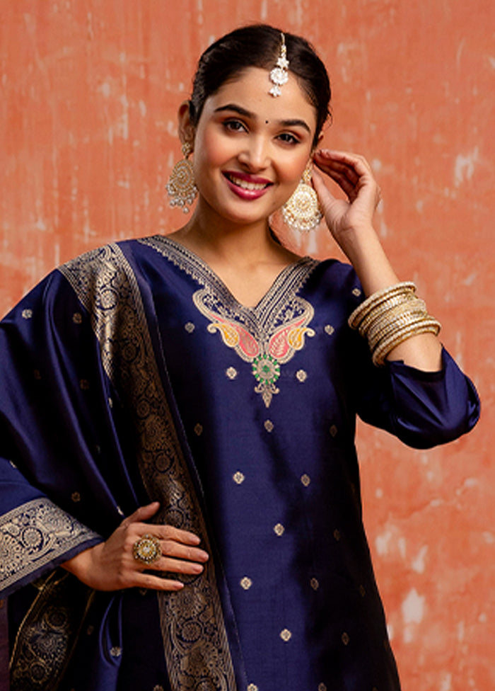 3 Pc Blue Readymade Cotton Dupatta Suit Set