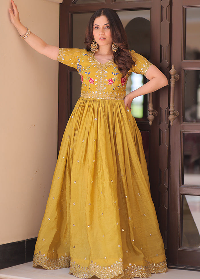 Yellow Embroidery Work Silk Gown Yellow Embroidery Work Silk Gown