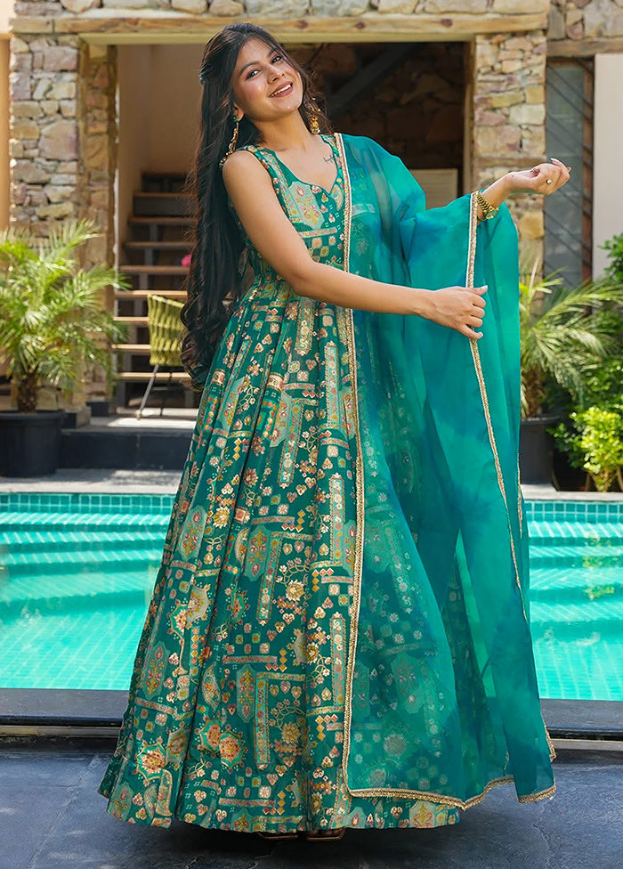 Green Printed Work Silk Gown With Dupatta Set Green Printed Work Silk Gown With Dupatta Set