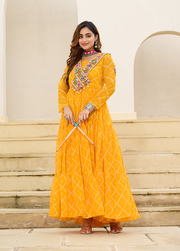 Yellow Bandhani Printed Work Georgette Gown Yellow Bandhani Printed Work Georgette Gown