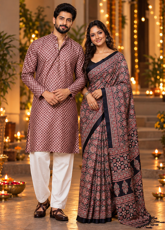 Akash Deep Jodi – Multicolor Printed Silk Saree & Wine Cotton Kurta Set