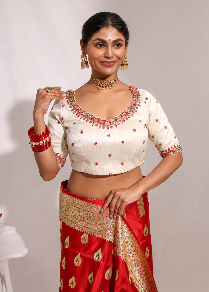 Cream Round Neck Designer Blouse
