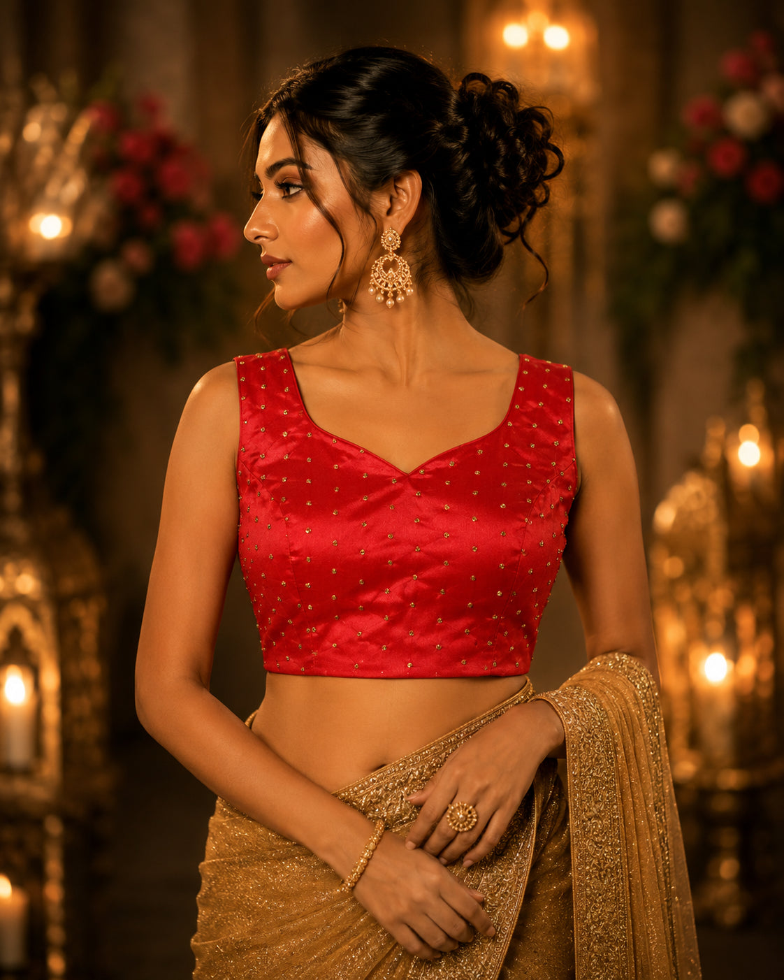 Red Round Neck Designer Blouse