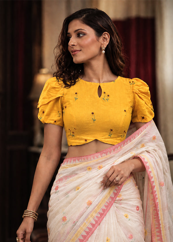Yellow Boat Neck Designer Blouse