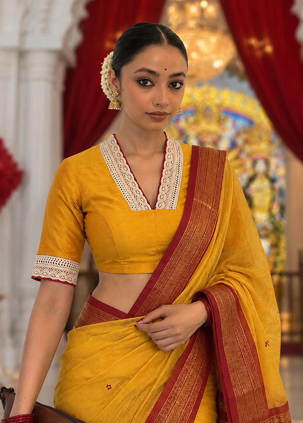 Yellow Collar Neck Designer Blouse